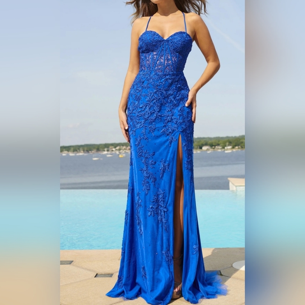 Faviana Royal Blue Lace Prom Dress